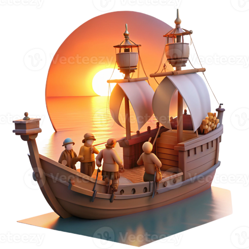 wonderful minimalist A group of pilgrims arriving in the New World, their ship anchored in the harbor, lit by the warm glow of sunrise, in the style of a historical painting exclusive png