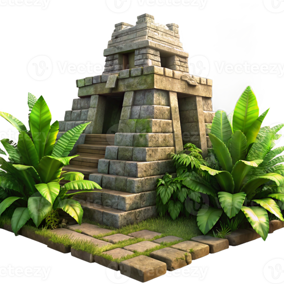 serene abstract An ancient Mayan temple overgrown with jungle vegetation, sunlight streaming through the crumbling stonework, in the style of a photorealistic rendering professional png