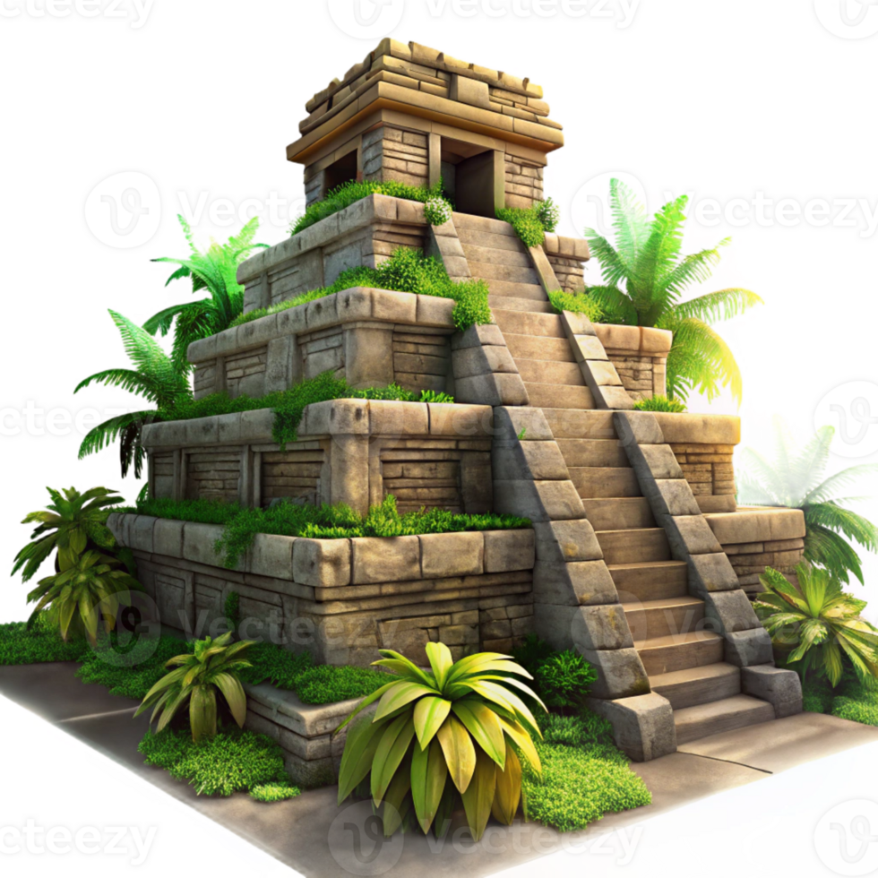 extraordinary traditional An ancient Mayan temple overgrown with jungle vegetation, sunlight streaming through the crumbling stonework, in the style of a photorealistic rendering genuine png
