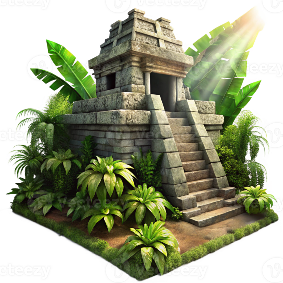 serene artistic An ancient Mayan temple overgrown with jungle vegetation, sunlight streaming through the crumbling stonework, in the style of a photorealistic rendering exclusive png