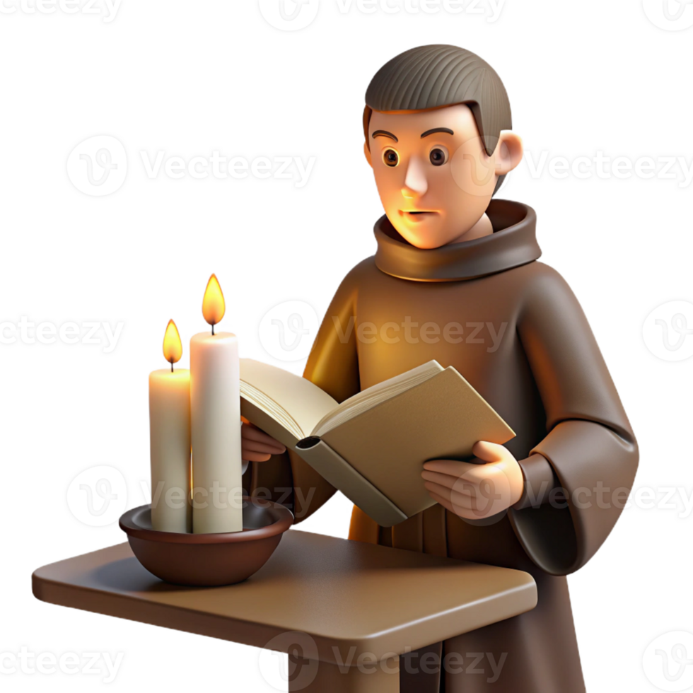 stunning rustic A medieval monk illuminating a manuscript in a dimly lit scriptorium, his face illuminated by the flickering light of a candle, in the style of a medieval miniature high quality png