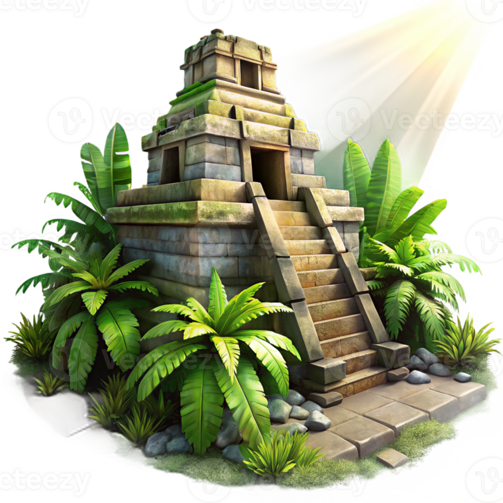 dramatic creative An ancient Mayan temple overgrown with jungle vegetation, sunlight streaming through the crumbling stonework, in the style of a photorealistic rendering 4K png