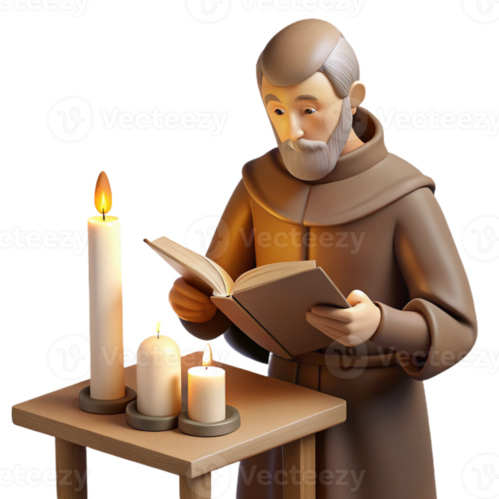 wonderful classic A medieval monk illuminating a manuscript in a dimly lit scriptorium, his face illuminated by the flickering light of a candle, in the style of a medieval miniature detailed png