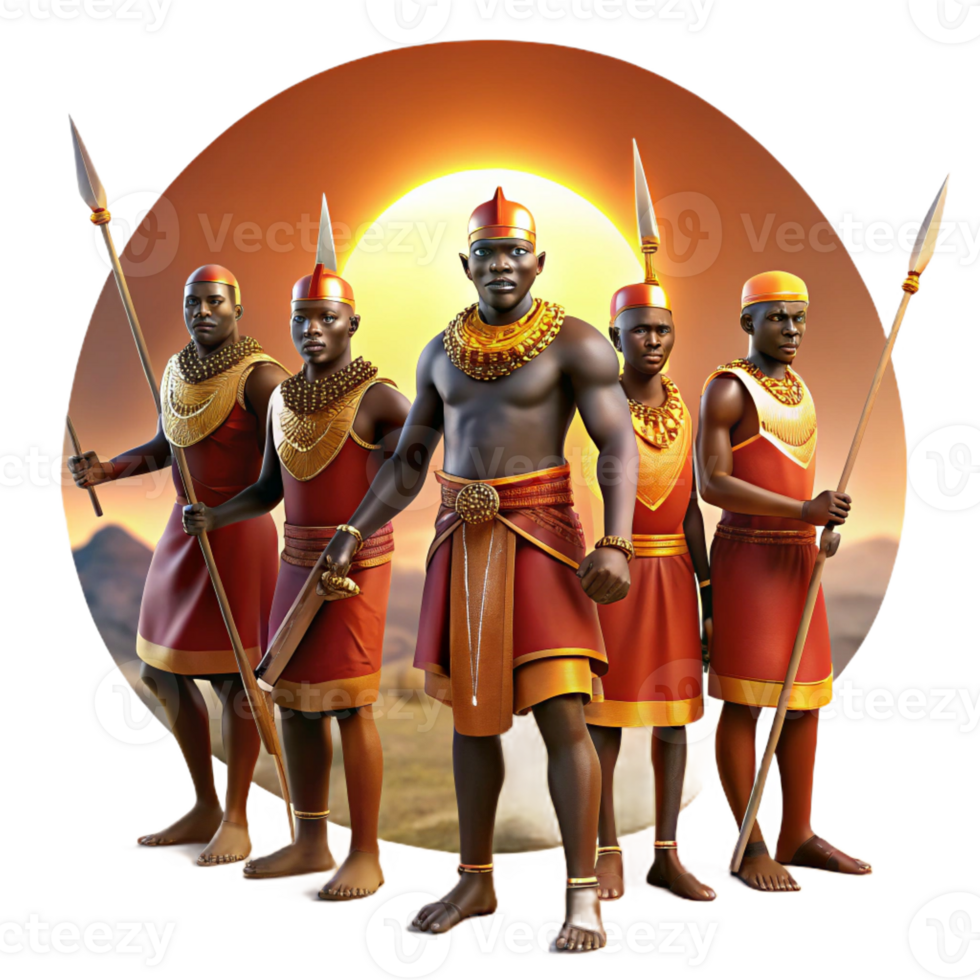 magnificent creative A group of African warriors preparing for battle, adorned in traditional garb and wielding spears, lit by the setting sun, in the style of a historical painting authentic png