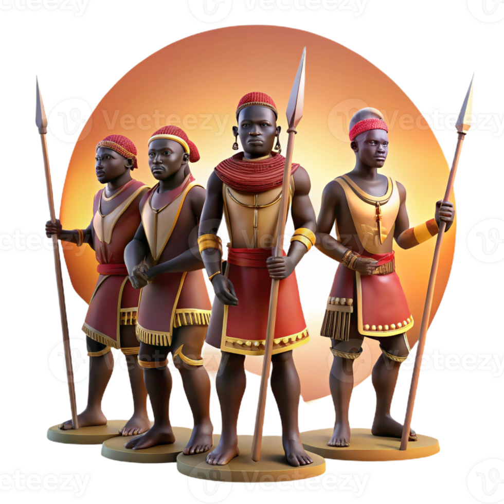 vibrant artistic A group of African warriors preparing for battle, adorned in traditional garb and wielding spears, lit by the setting sun, in the style of a historical painting high resolution png