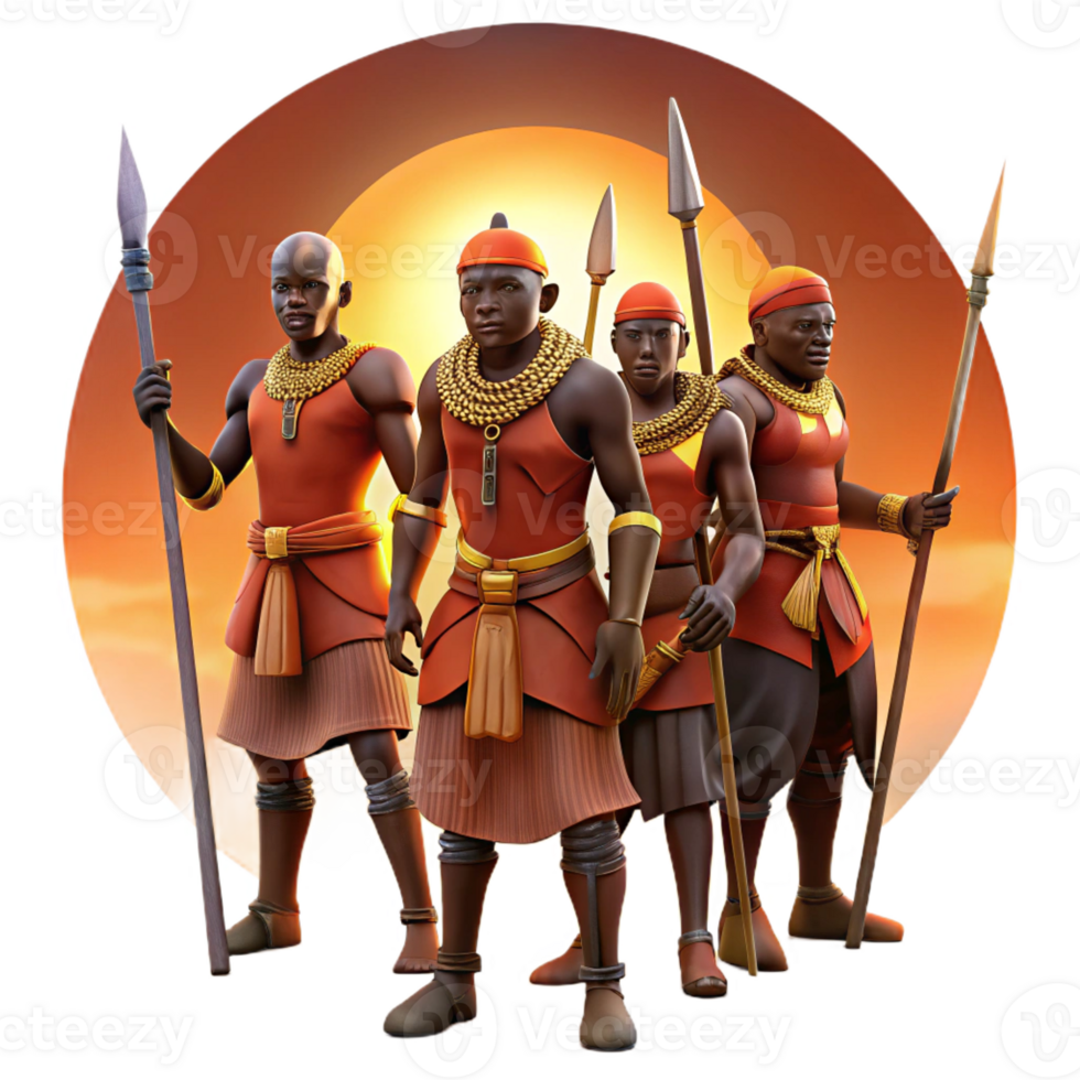 elegant minimalist A group of African warriors preparing for battle, adorned in traditional garb and wielding spears, lit by the setting sun, in the style of a historical painting exclusive png