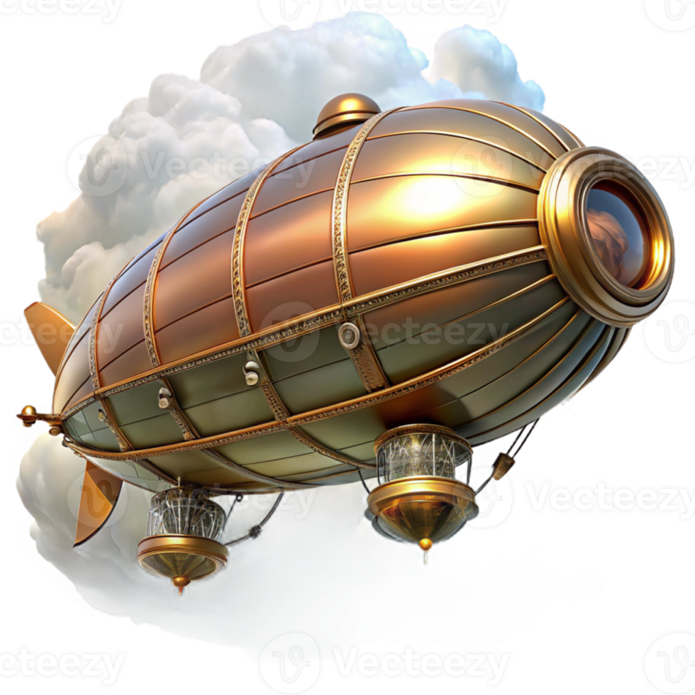 beautiful creative A steampunk zeppelin, soaring through a cloudy sky, intricate brass and copper details, illuminated by the setting sun authentic png