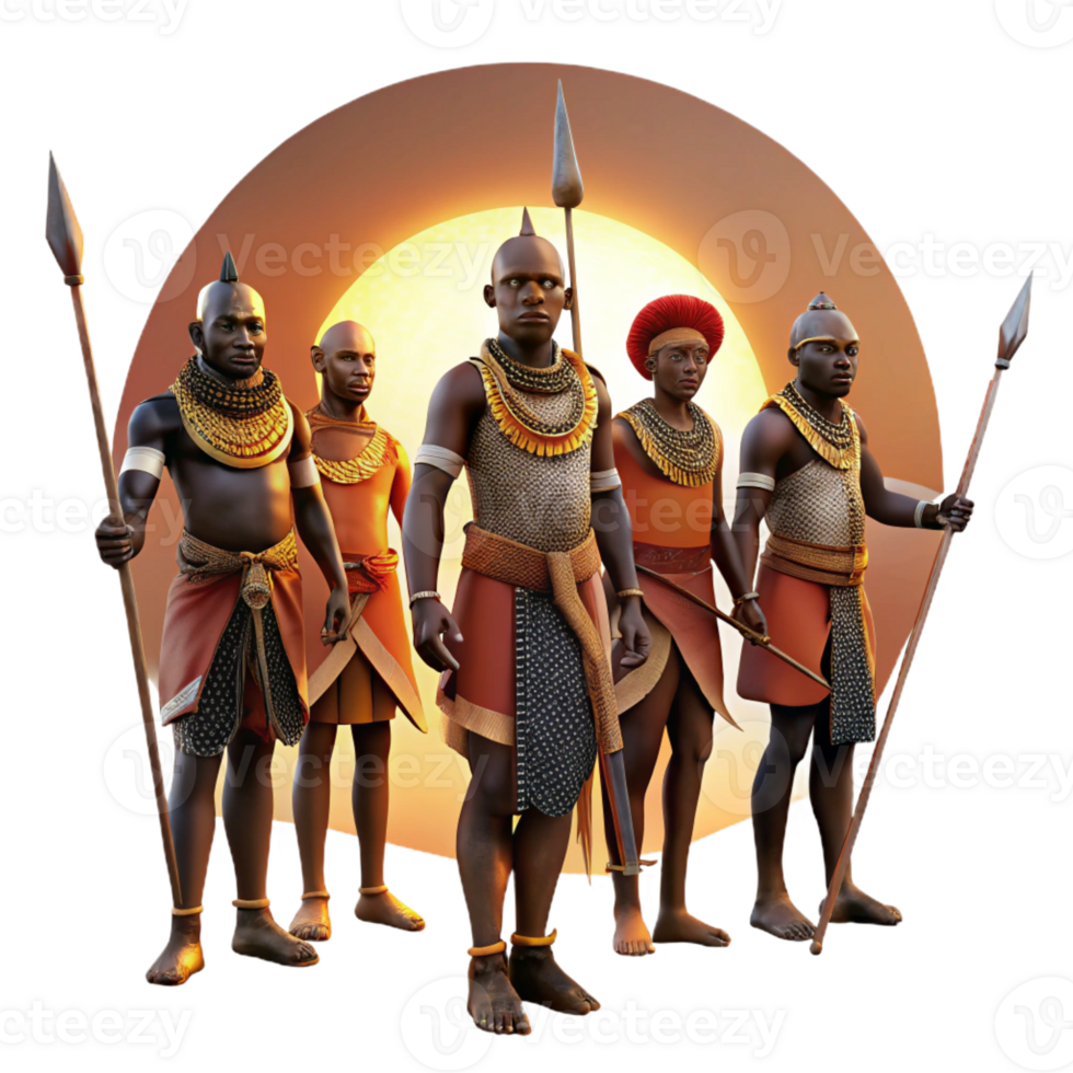 magnificent contemporary A group of African warriors preparing for battle, adorned in traditional garb and wielding spears, lit by the setting sun, in the style of a historical painting premium png