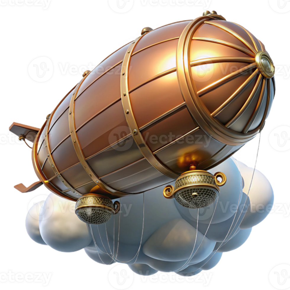stunning contemporary A steampunk zeppelin, soaring through a cloudy sky, intricate brass and copper details, illuminated by the setting sun authentic png