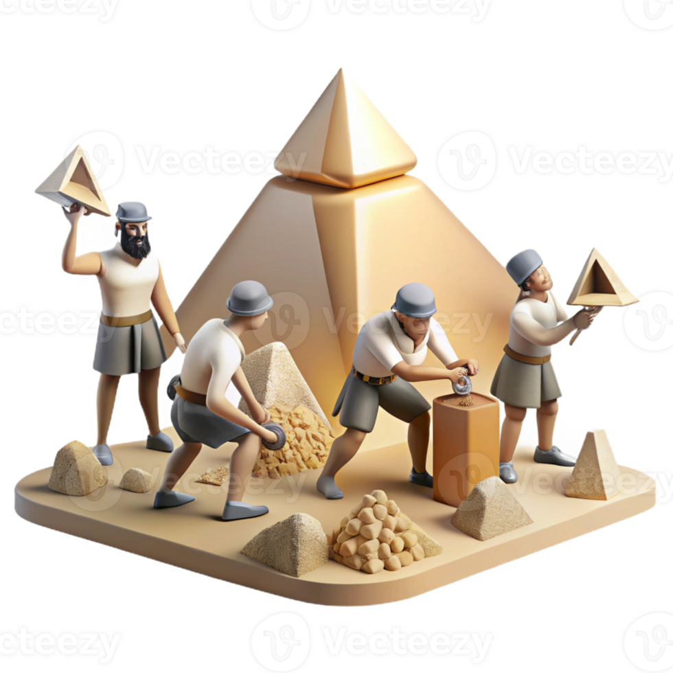 dramatic abstract A group of ancient Egyptians building the pyramids, the massive stones being hauled into place, lit by the harsh desert sun, in the style of a historical painting authentic png