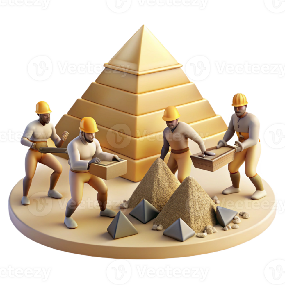 vibrant contemporary A group of ancient Egyptians building the pyramids, the massive stones being hauled into place, lit by the harsh desert sun, in the style of a historical painting professional png