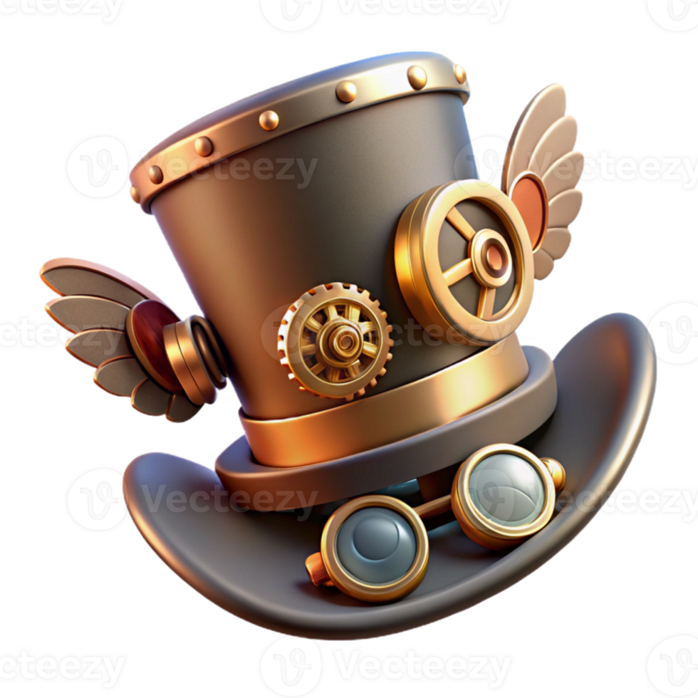 impressive modern A steampunk top hat, adorned with gears, goggles, and miniature wings, floating in mid-air, soft, diffused lighting authentic png