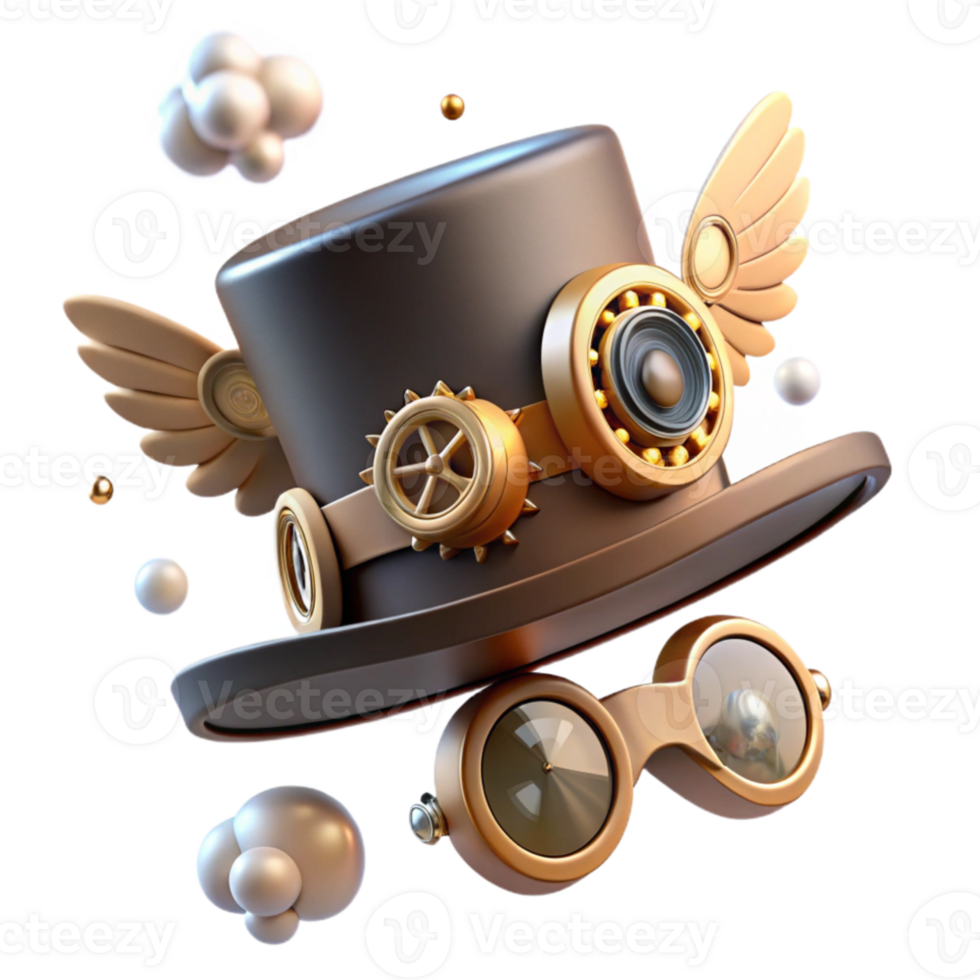 wonderful contemporary A steampunk top hat, adorned with gears, goggles, and miniature wings, floating in mid-air, soft, diffused lighting detailed png
