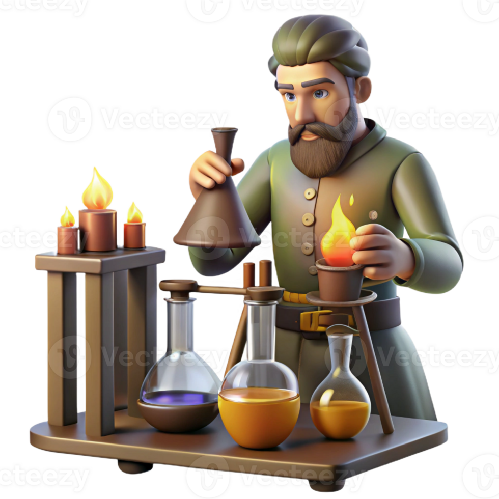 wonderful modern A medieval alchemist working in his laboratory, surrounded by beakers and flasks, lit by the flickering light of a fire, in the style of a Renaissance painting 4K png
