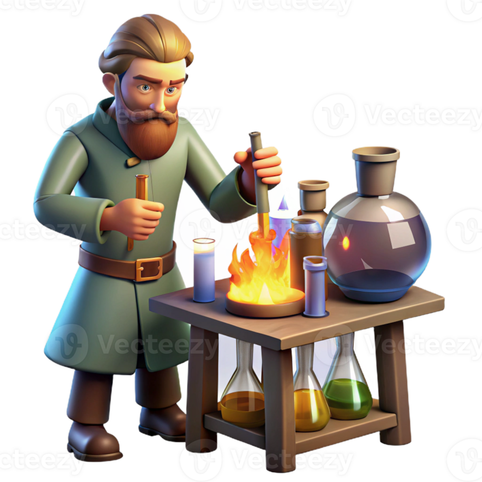 impressive rustic A medieval alchemist working in his laboratory, surrounded by beakers and flasks, lit by the flickering light of a fire, in the style of a Renaissance painting original png