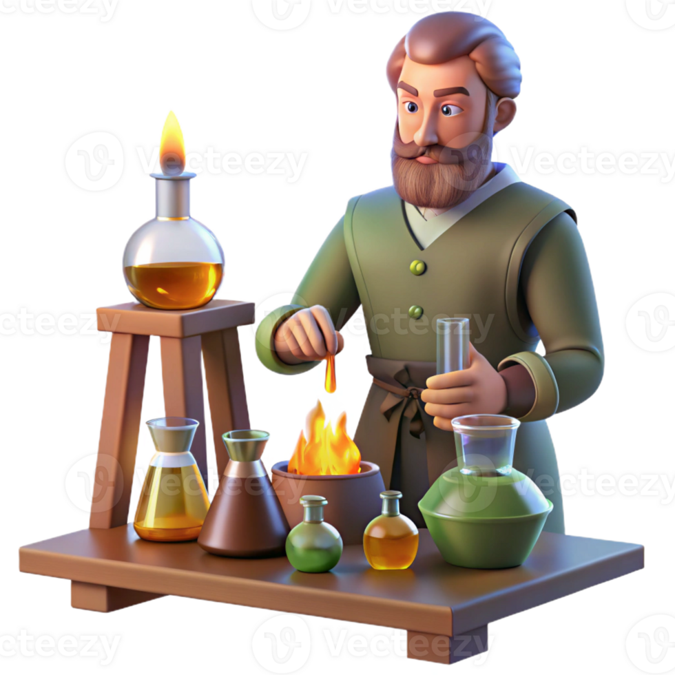 serene vintage A medieval alchemist working in his laboratory, surrounded by beakers and flasks, lit by the flickering light of a fire, in the style of a Renaissance painting detailed png