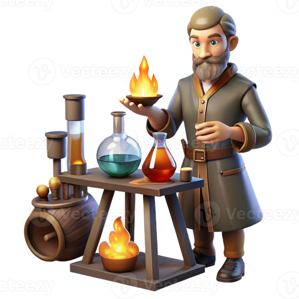 serene abstract A medieval alchemist working in his laboratory, surrounded by beakers and flasks, lit by the flickering light of a fire, in the style of a Renaissance painting 4K png