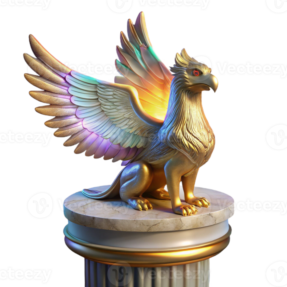 stunning traditional A majestic griffin with iridescent feathers, perched atop a crumbling marble pillar, illuminated by a single ray of golden light. Art Deco style professional png