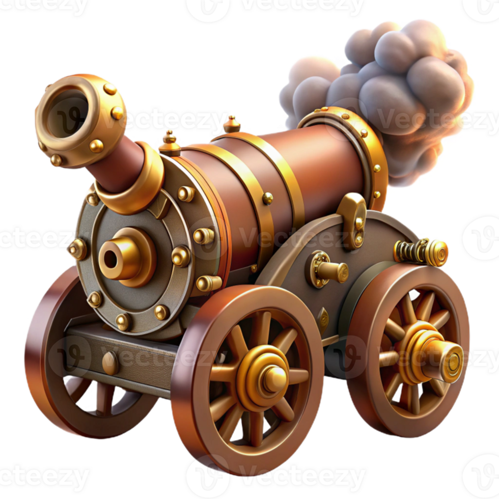 serene abstract A steampunk cannon, intricate gears and pipes, ready to fire, dramatic lighting, smoke billowing from the muzzle premium png