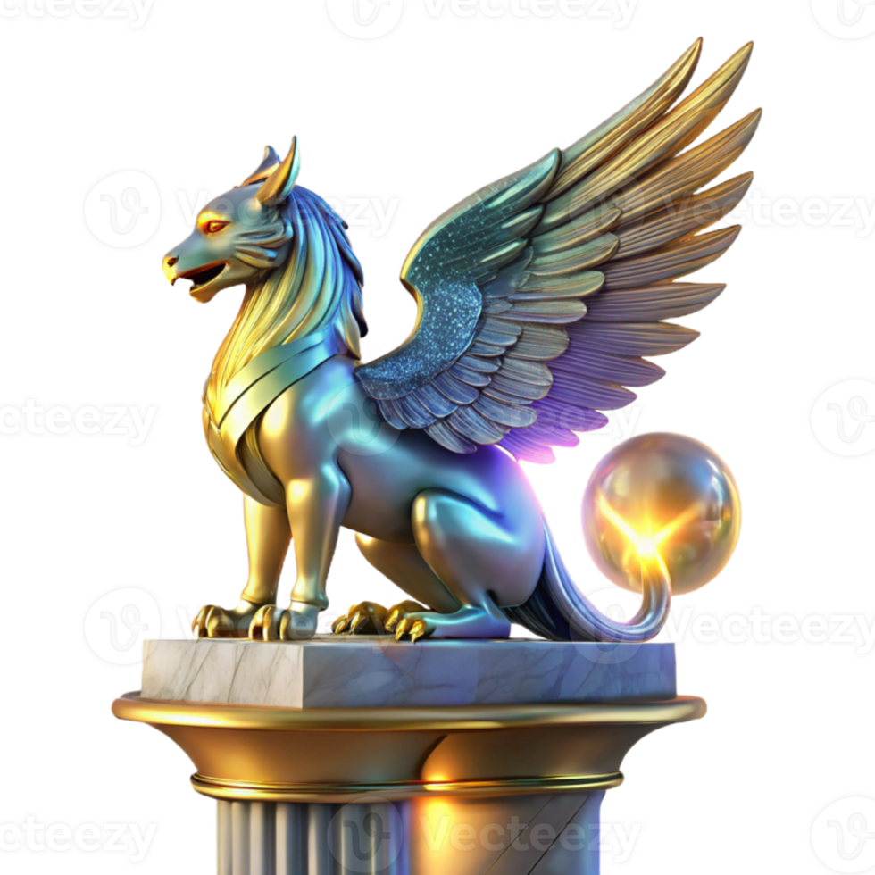 magnificent modern A majestic griffin with iridescent feathers, perched atop a crumbling marble pillar, illuminated by a single ray of golden light. Art Deco style high quality png