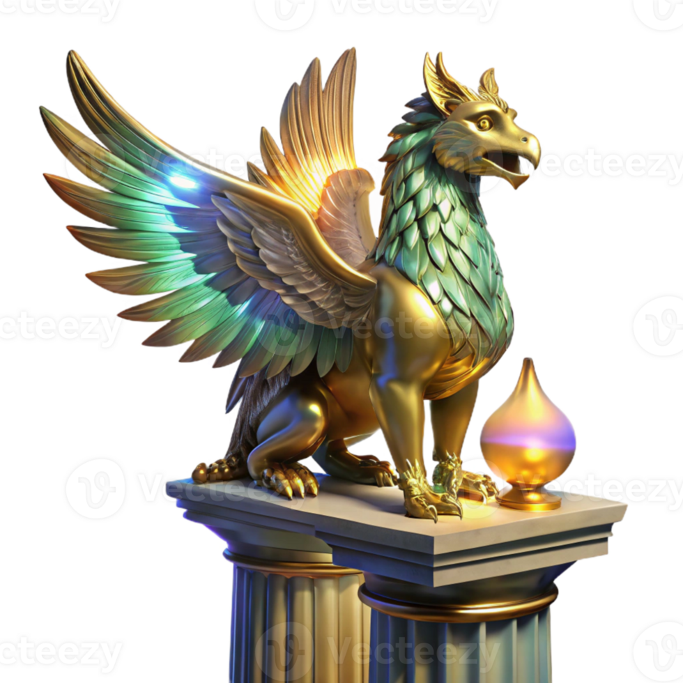 beautiful vintage A majestic griffin with iridescent feathers, perched atop a crumbling marble pillar, illuminated by a single ray of golden light. Art Deco style high resolution png