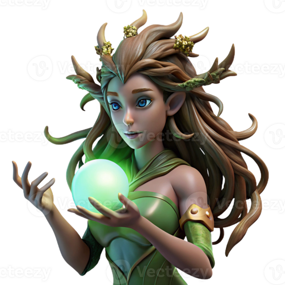 magnificent classic A serene dryad with bark-like skin and flowing vines for hair, cradling a glowing orb of nature's energy. Soft, ethereal lighting. Pre-Raphaelite style high quality png