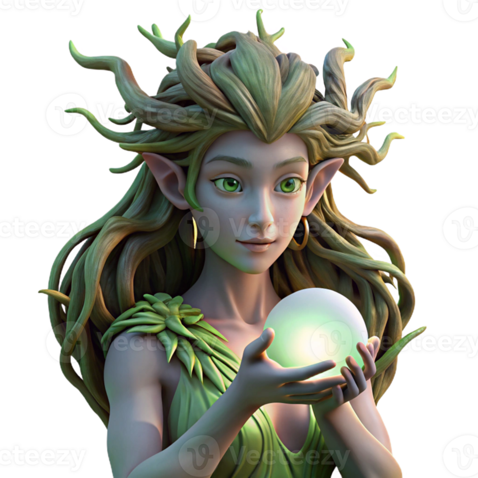 dramatic abstract A serene dryad with bark-like skin and flowing vines for hair, cradling a glowing orb of nature's energy. Soft, ethereal lighting. Pre-Raphaelite style original png