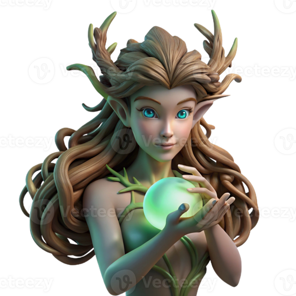 stunning creative A serene dryad with bark-like skin and flowing vines for hair, cradling a glowing orb of nature's energy. Soft, ethereal lighting. Pre-Raphaelite style genuine png
