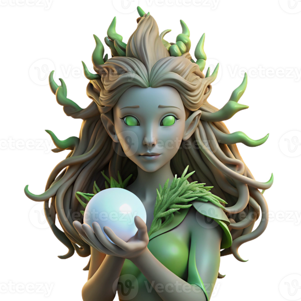 wonderful minimalist A serene dryad with bark-like skin and flowing vines for hair, cradling a glowing orb of nature's energy. Soft, ethereal lighting. Pre-Raphaelite style high quality png