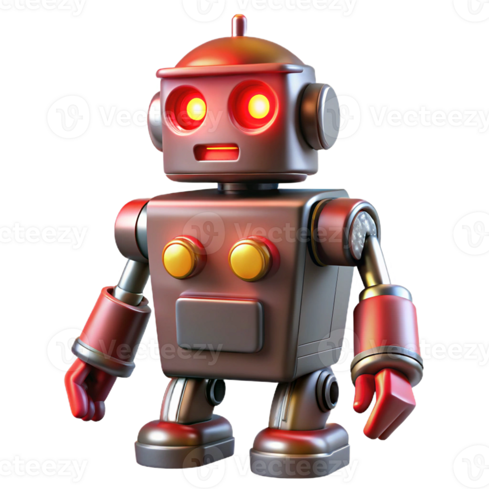 impressive vintage A vintage toy robot with glowing red eyes, dark background, cinematic lighting, retro futuristic style high resolution png