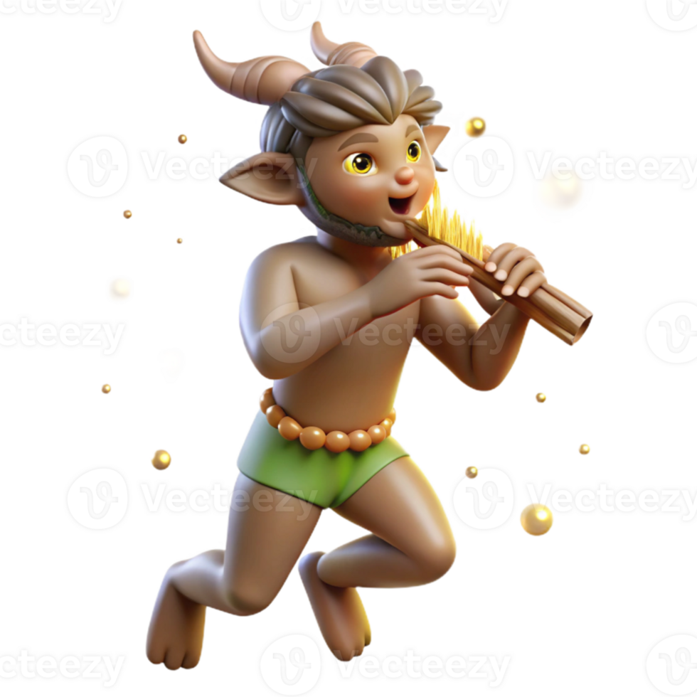 dramatic artistic A mischievous satyr playing a pan flute, surrounded by dancing fireflies in a moonlit forest glade. Impressionistic style authentic png