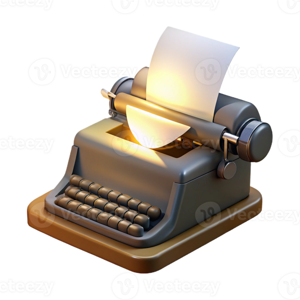 stunning modern A vintage typewriter with a sheet of paper, strong directional light from the left, gritty realism style detailed png