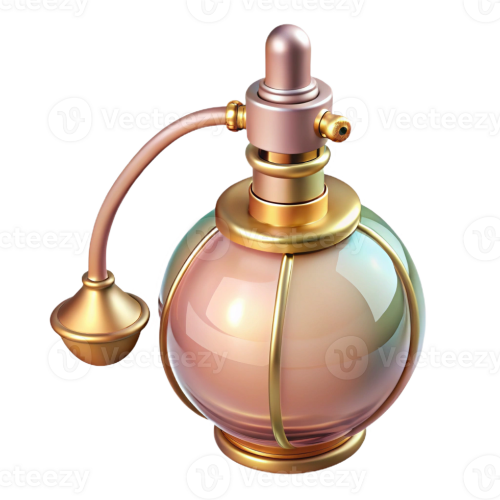 impressive traditional A vintage perfume bottle with an ornate atomizer, soft diffused lighting, Art Deco style, pastel colors exclusive png