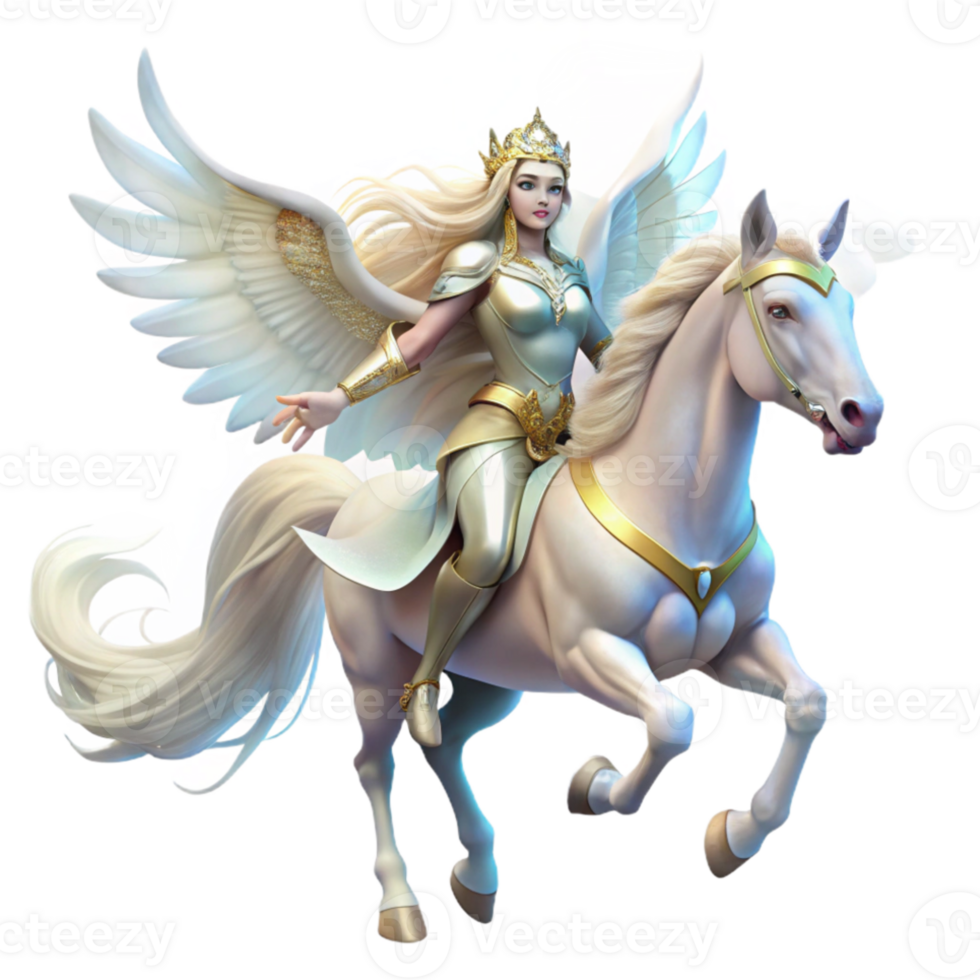 wonderful creative An ethereal Valkyrie with flowing white robes and a winged helmet, riding a majestic white pegasus, illuminated by a divine aura. Romantic style authentic png
