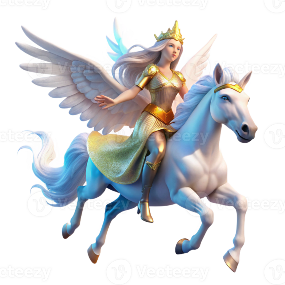 extraordinary abstract An ethereal Valkyrie with flowing white robes and a winged helmet, riding a majestic white pegasus, illuminated by a divine aura. Romantic style original png