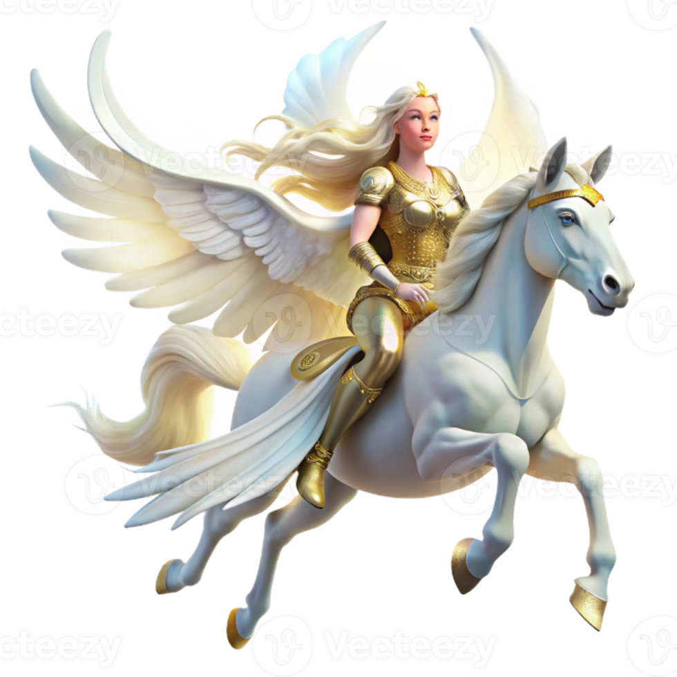 serene contemporary An ethereal Valkyrie with flowing white robes and a winged helmet, riding a majestic white pegasus, illuminated by a divine aura. Romantic style authentic png