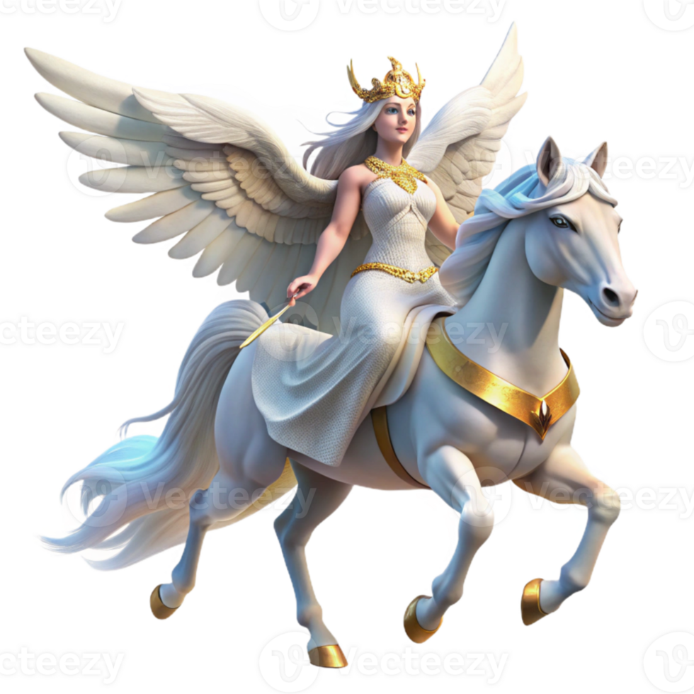 extraordinary traditional An ethereal Valkyrie with flowing white robes and a winged helmet, riding a majestic white pegasus, illuminated by a divine aura. Romantic style original png