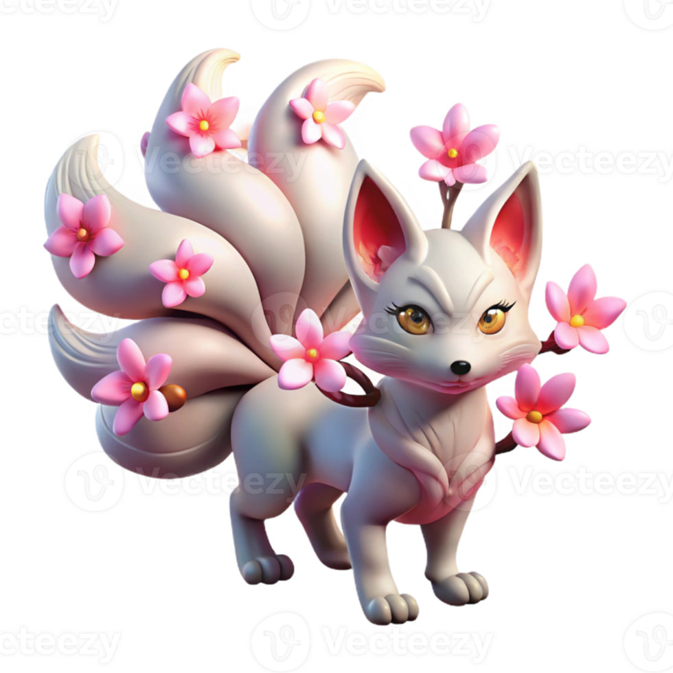 dramatic creative A cunning Kitsune with nine flowing tails, illuminated by glowing cherry blossoms in a twilight forest. Anime style genuine png