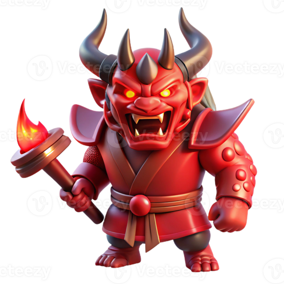 stunning minimalist A powerful Oni with crimson skin and sharp horns, wielding a kanabo club, illuminated by dramatic red lighting. Ukiyo-e style 4K png