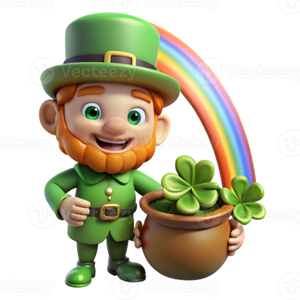 magnificent modern A mischievous Leprechaun with a pot of gold, hiding amongst four-leaf clovers, illuminated by a rainbow. Cartoon style high resolution png