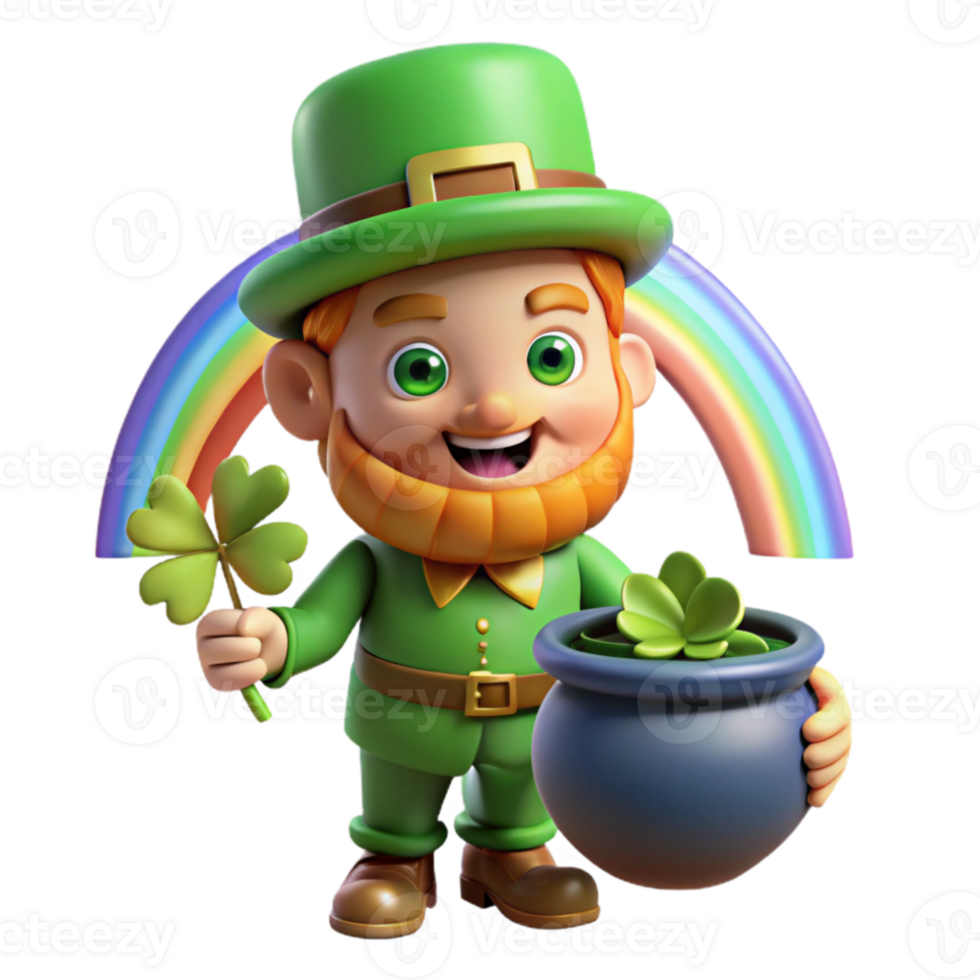 beautiful contemporary A mischievous Leprechaun with a pot of gold, hiding amongst four-leaf clovers, illuminated by a rainbow. Cartoon style genuine png