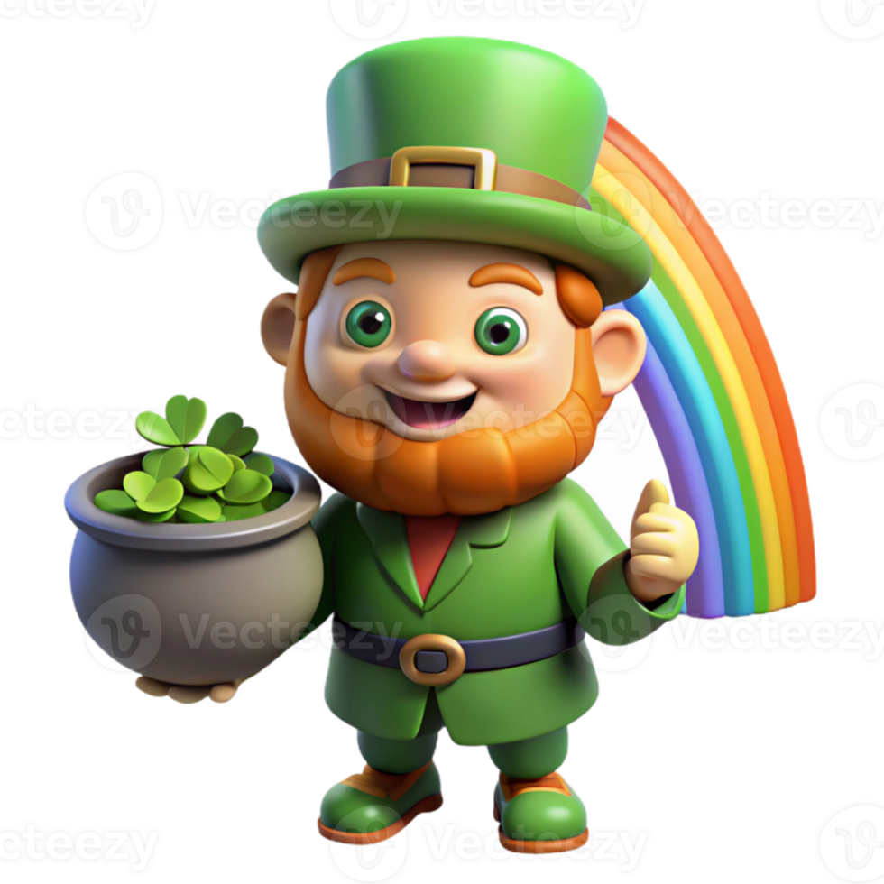 extraordinary traditional A mischievous Leprechaun with a pot of gold, hiding amongst four-leaf clovers, illuminated by a rainbow. Cartoon style high quality png