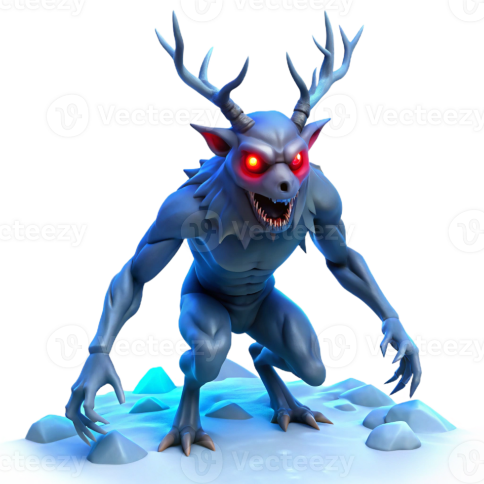 impressive abstract A fearsome Wendigo with antlers and glowing red eyes, stalking through a snowy forest, illuminated by an eerie blue light. Horror style detailed png