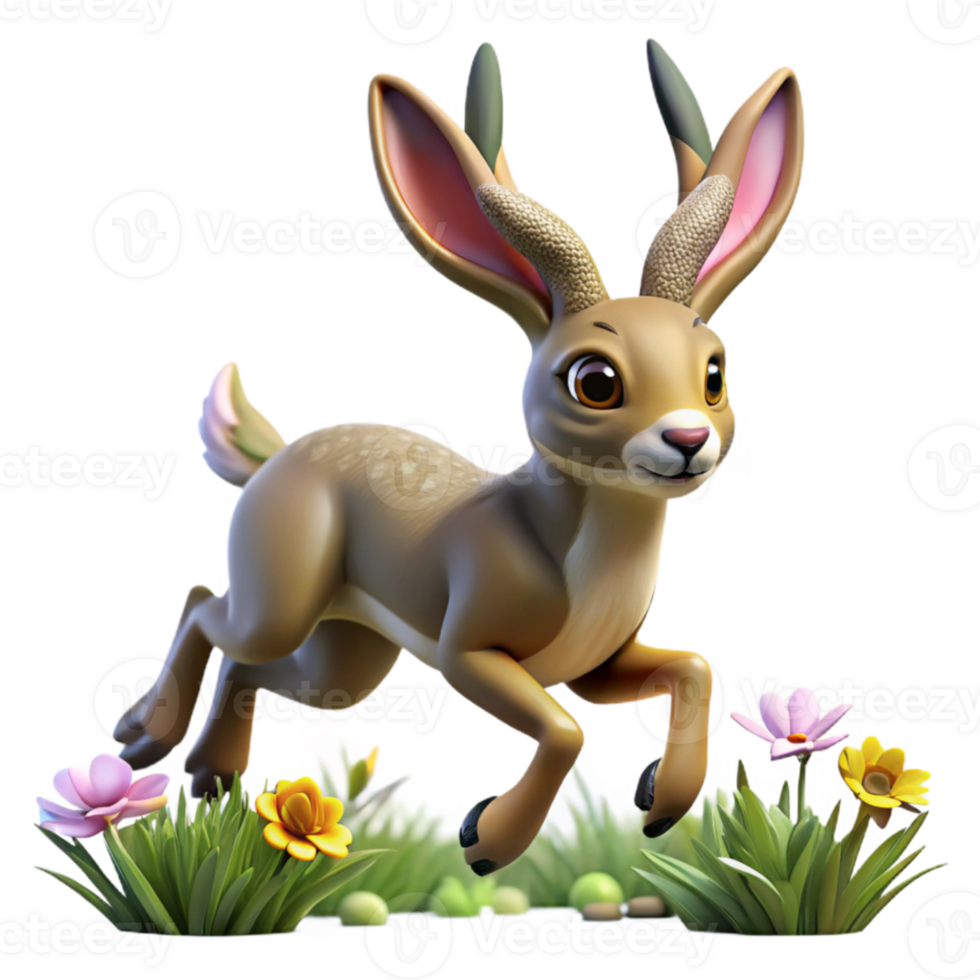 dramatic classic A playful Jackalope with rabbit ears and antelope horns, hopping through a field of wildflowers, illuminated by warm sunlight. Cartoon style high resolution png