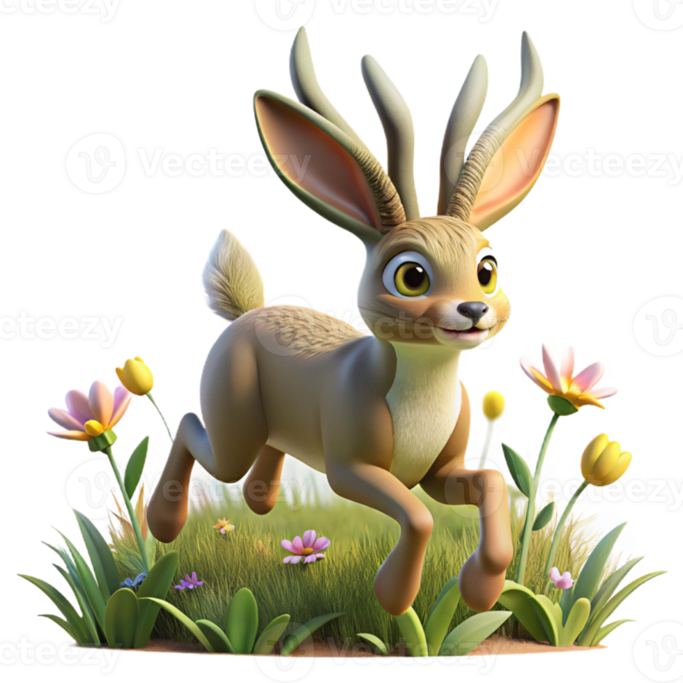 stunning modern A playful Jackalope with rabbit ears and antelope horns, hopping through a field of wildflowers, illuminated by warm sunlight. Cartoon style high resolution png
