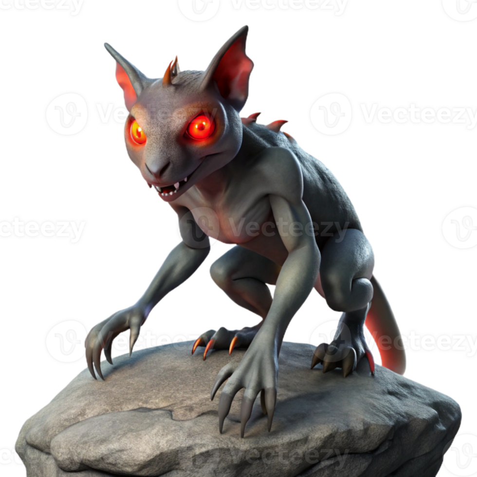 dramatic minimalist A mysterious Chupacabra with sharp claws and glowing red eyes, perched on a rocky outcrop, illuminated by moonlight. Cryptid style 4K png