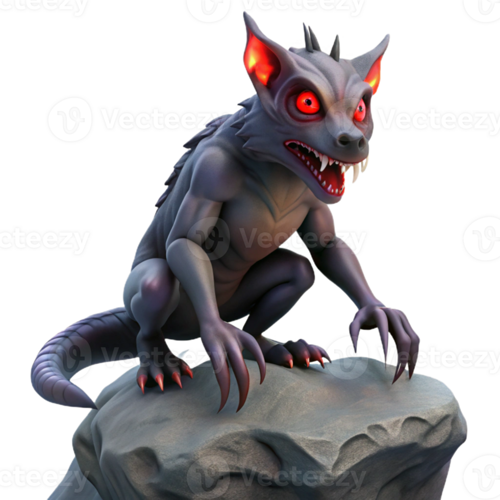 vibrant abstract A mysterious Chupacabra with sharp claws and glowing red eyes, perched on a rocky outcrop, illuminated by moonlight. Cryptid style exclusive png