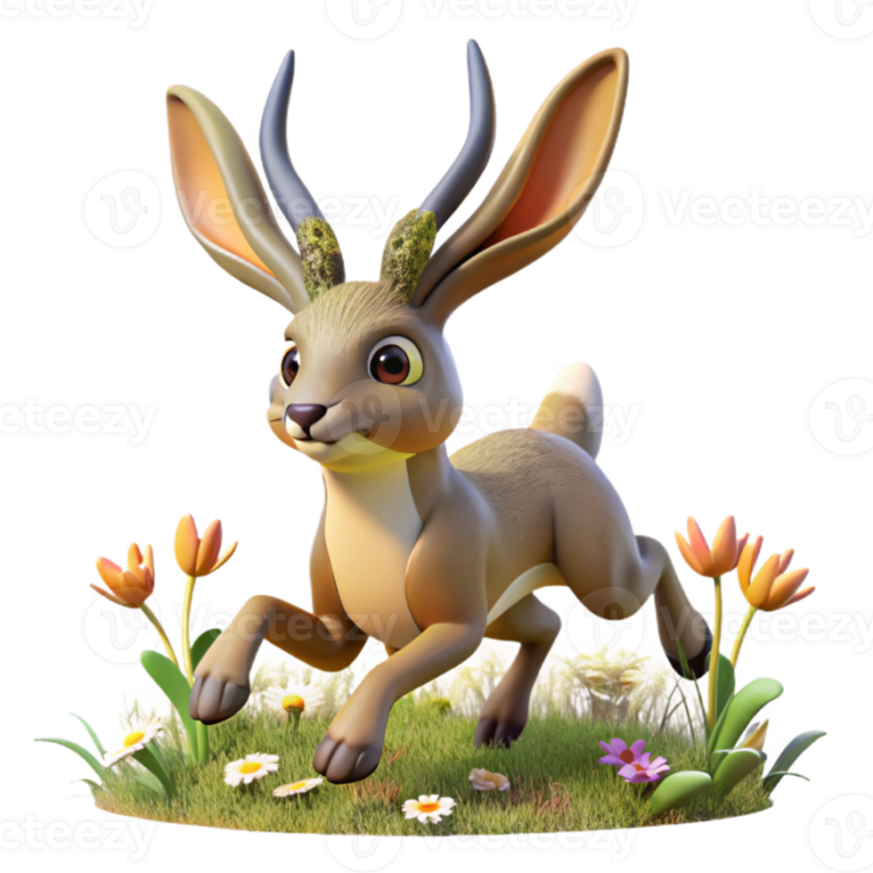 wonderful traditional A playful Jackalope with rabbit ears and antelope horns, hopping through a field of wildflowers, illuminated by warm sunlight. Cartoon style original png