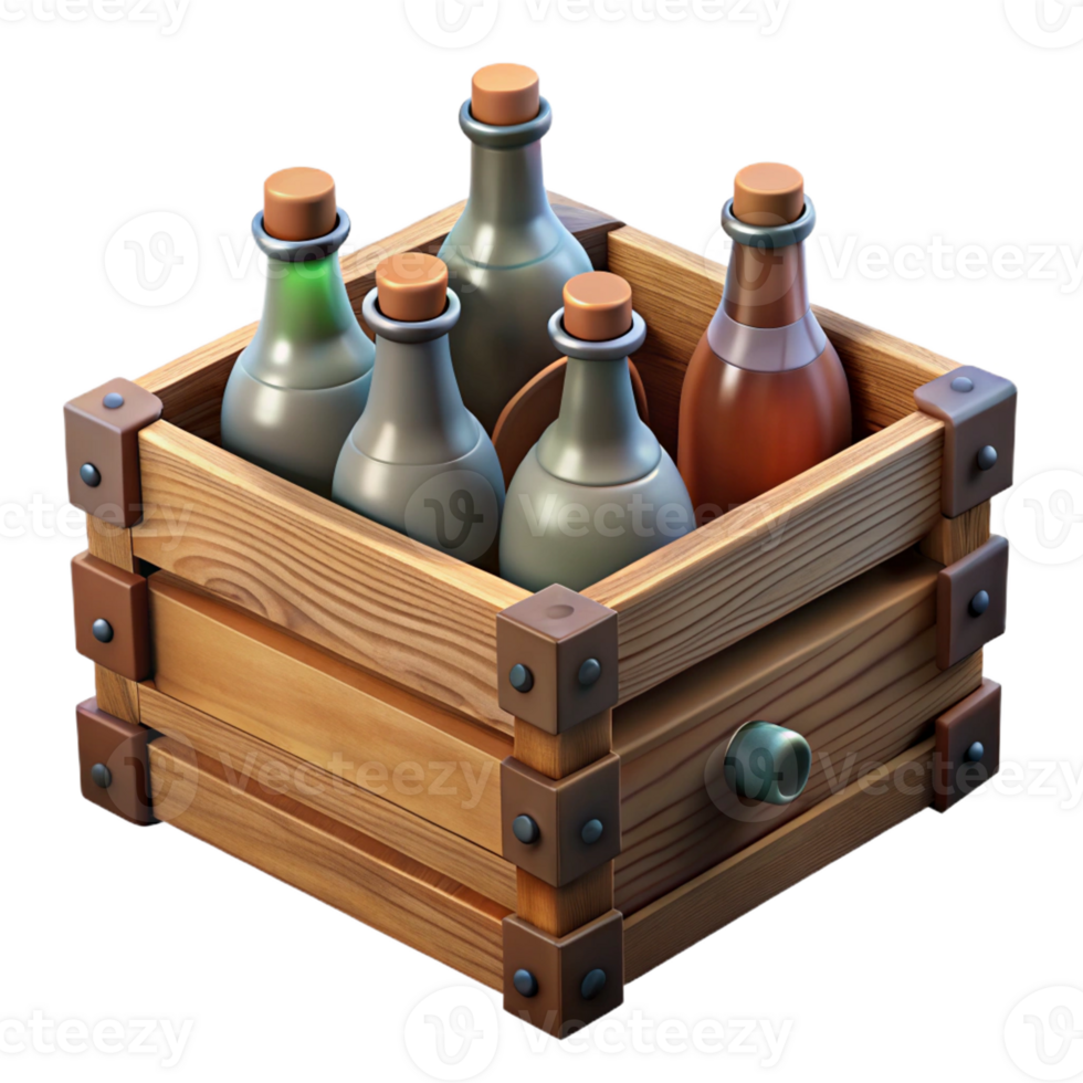 magnificent artistic A vintage wooden crate filled with antique bottles, soft natural lighting, rustic still life style high resolution png