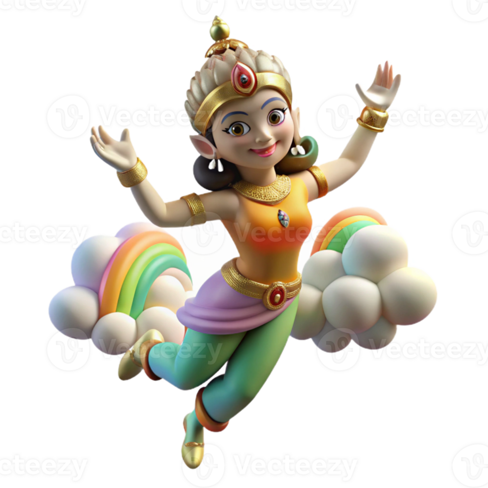 stunning artistic A graceful Apsara, a celestial nymph, dancing in the clouds, illuminated by a rainbow. Hindu mythology style high resolution png